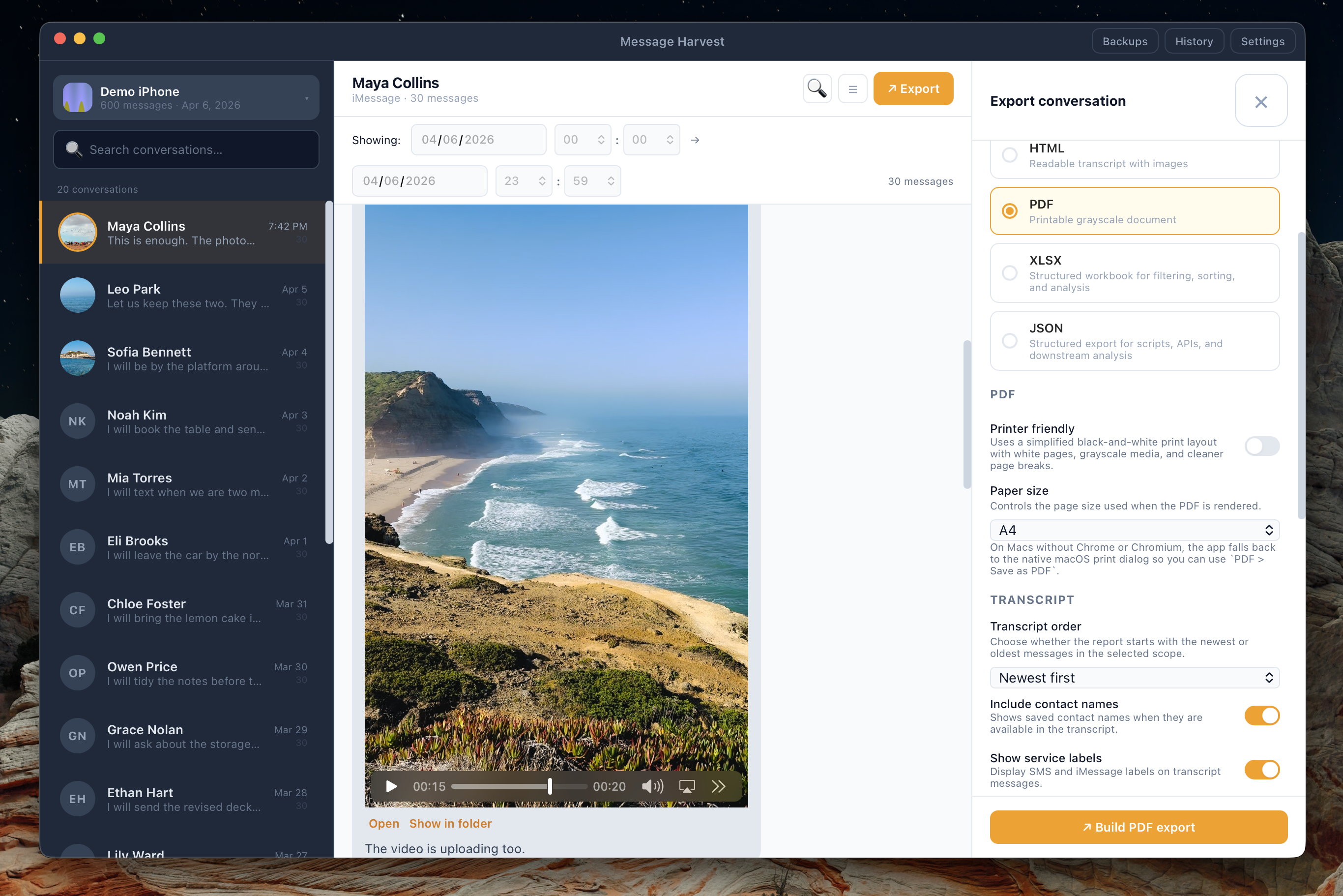 MessageHarvest export panel with format selection, date range, and configuration options