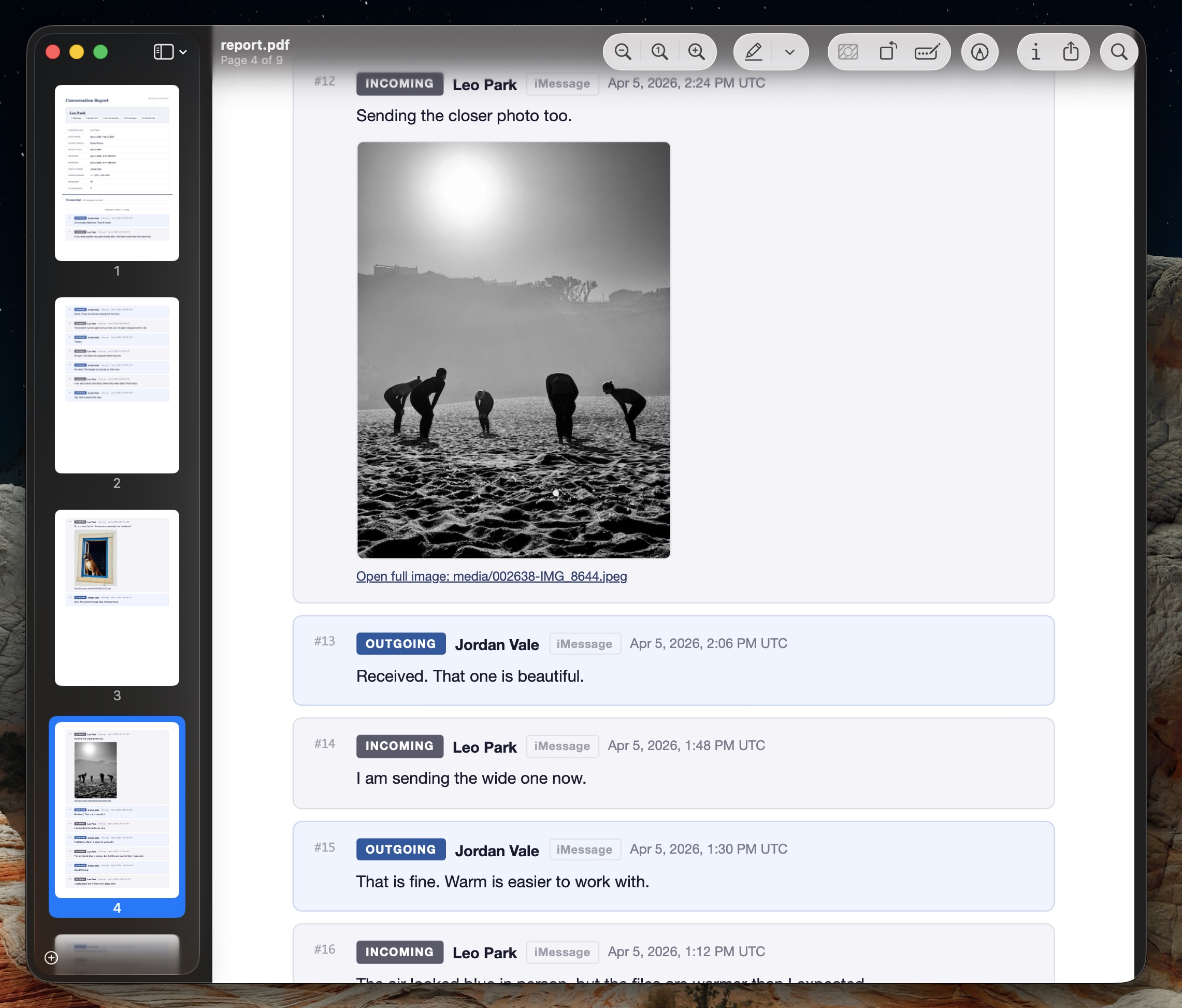 MessageHarvest PDF conversation report with numbered messages, direction badges, and metadata table
